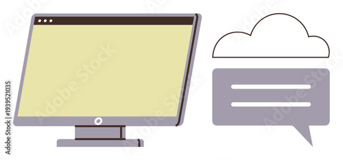 Cloud technology, online communication, data storage, remote work, collaboration tools, digital platforms. Computer monitor with a cloud and speech bubble. Cloud technology and online communication