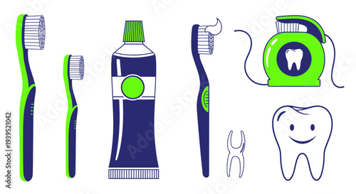 Dental Hygiene Tools: Toothbrushes, Toothpaste, Floss, and Smiling Tooth Icon