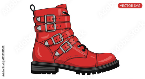 Shiny Red Punk Rock Buckle Boot Vector Illustration