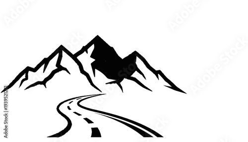 A black and white graphic of a winding road leading towards rugged mountains