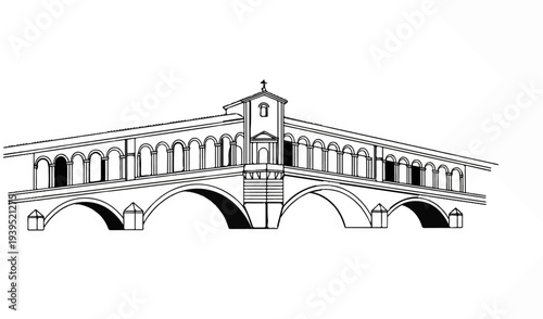 A black and white line drawing of a historic arched bridge with shops