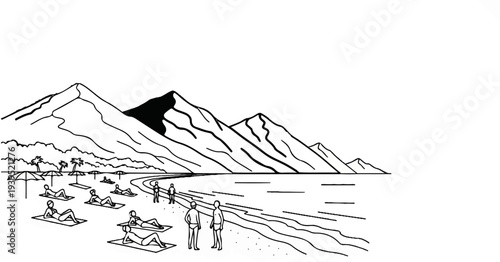 A black and white sketch depicts a serene beach scene with sunbathers and majestic mountains