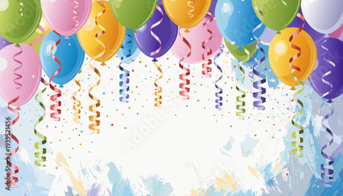 Gemini said

Colorful party balloons with ribbons and confetti on a white background create a happy celebration illustration for a birthday card, holiday event, or festive anniversary invitation desig