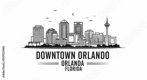 A stylized black and white cityscape illustration of a city skyline