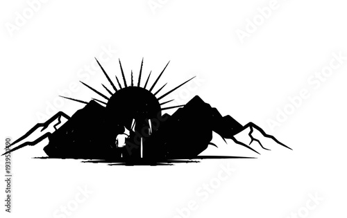 A stylized sunrise behind mountains with two figures in silhouette