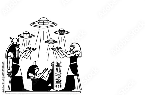 Ancient Egyptian figures interact with flying saucers descending from the sky