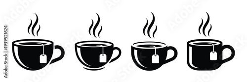 Collection of Four Black and White Icons Depicting Steaming Cups of Tea with Tea Bags on White Background, professional vector pack featuring hot tea, beverage icons, isolated graphics perfect 