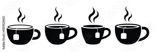 Collection of Four Black and White Icons Depicting Steaming Cups of Tea with Tea Bags on White Background, vector illustration set ideal for cafes, menus, beverages, and hospitality design projects.
