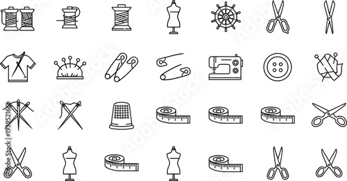 Set of Professional Sewing and Tailoring Line Icons Featuring Scissors, Thread Spools, Measuring Tape, Thimble, Buttons, Needles, and Dressmaker Mannequin