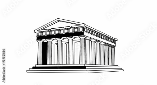 Black and white illustration of a classical Greek temple with columns and a triangular roof