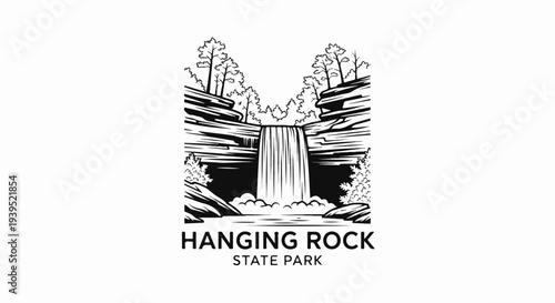 Black and white illustration of a waterfall cascading over rocks with trees and text