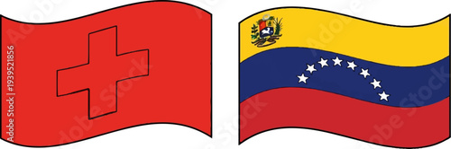 Two wavy flags, one red with a white cross, the other multicolor with stars