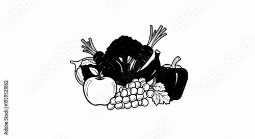 Black and white illustration of various fruits and vegetables
