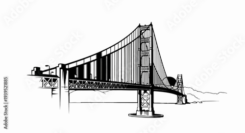 Black and white sketch of a large suspension bridge over water at sunset