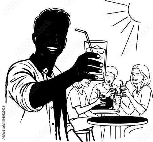 Cheerful group enjoys refreshing drinks outdoors on a sunny day