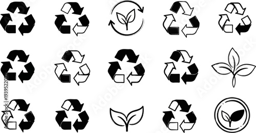 Collection of varied black and white recycling and leaf icons