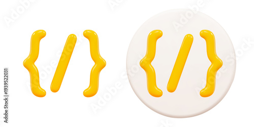 3d yellow code icon. Symbols of software and web development. Stock vector illustration on isolated background.