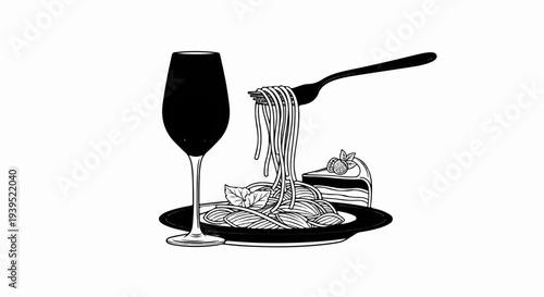 A black and white drawing of spaghetti, a slice of cake, and a glass of wine