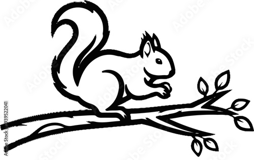 A black and white drawing of a squirrel holding a nut on a branch with leaves