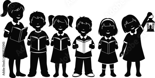 Silhouette of diverse group of children holding books and a lantern for Christmas caroling, storytelling, elementary education, and holiday celebrations