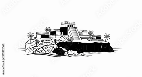 Ancient temple complex with pyramids and palm trees on a rocky cliff