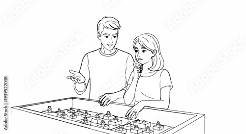 Couple observing rings in a jewelry display case