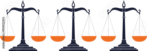 Set of Three Justice Scales Featuring Black Silhouettes and Orange Bowls for Law, Legal System, Equity, and Courtroom Design Elements