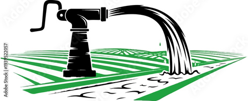 An old-fashioned water pump irrigates a vibrant green agricultural field