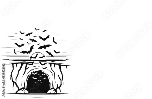 Bats emerging from a cave at sunset with a serene horizon