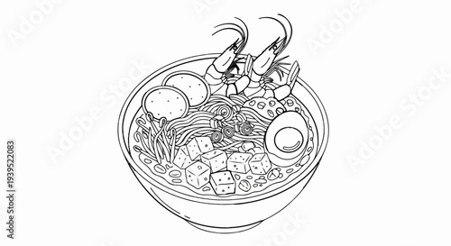 Detailed sketch of a ramen bowl with noodles, shrimp, egg, and tofu