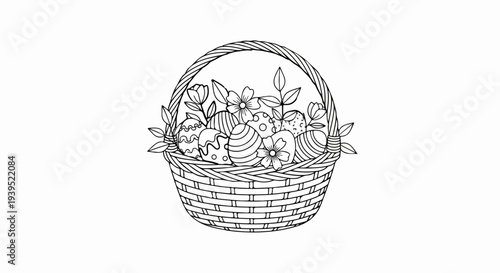 A black and white line drawing of a woven basket overflowing with decorative Easter eggs and floral accents