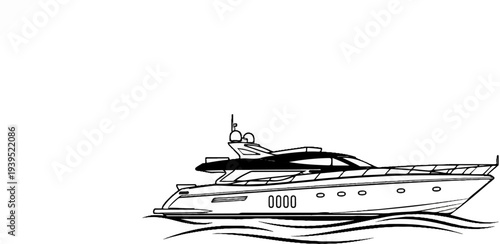 A black and white line drawing of a sleek modern yacht cruising on water