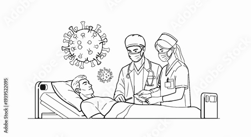 Doctors wearing masks attend to a patient in a hospital bed, with virus symbols