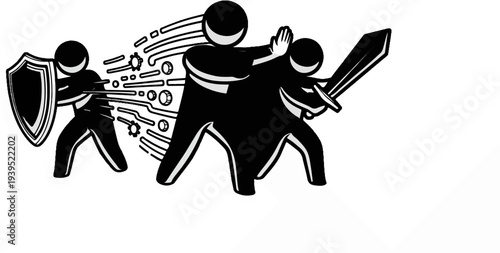 Figures in battle with shield, sword, and abstract defense mechanisms