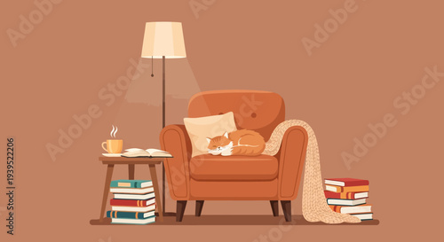 Cozy indoor scene with cat sleeping on armchair next to books and vector eps illustration.
