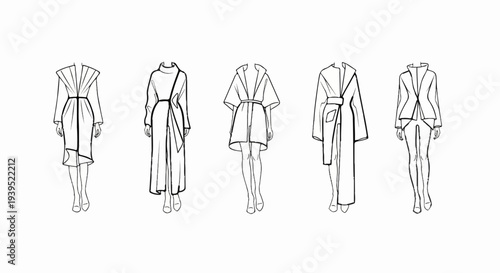 Five fashion illustrations of women in belted coats, jackets, and dresses