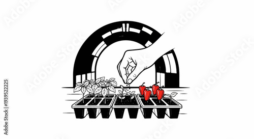 Hand sowing seeds in trays under archway with seedlings and peppers