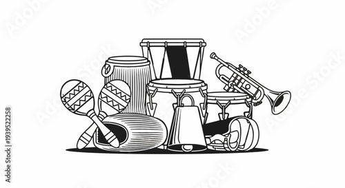 Black and white illustration of various percussion instruments and a trumpet