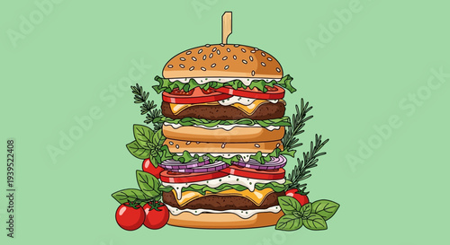 Detailed vector eps illustration of a stacked burger with fresh vegetables and herbs