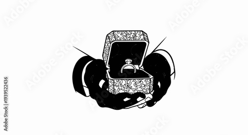 A diamond ring displayed in an open decorative box held by hands