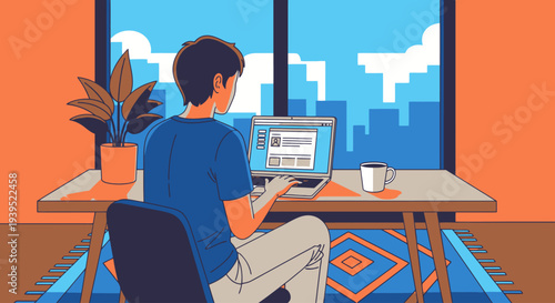 Man working on laptop at home office desk