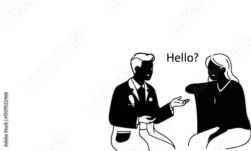 A doctor wearing a stethoscope gestures to a patient who appears to be asking "Hello?