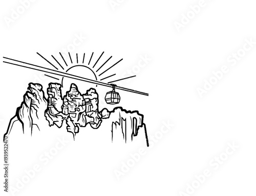 Rocky peaks with a cable car passing by under a sun