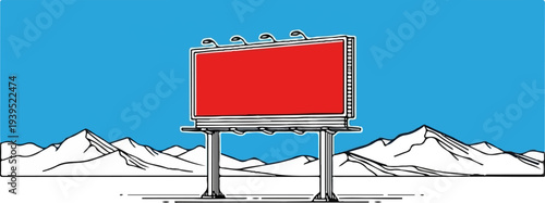 Blank red billboard stands against a bright blue sky with snow-capped mountains
