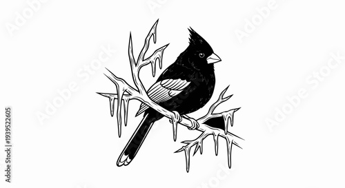 A stark black and white drawing of a bird perched on a frosty branch