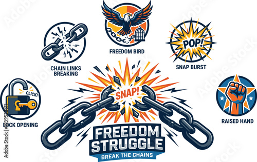Freedom Struggle Concept with Breaking Chains, Raised Fist, Freedom Bird and Lock Opening Symbols Representing Liberation Revolution and Independence Vector Illustration