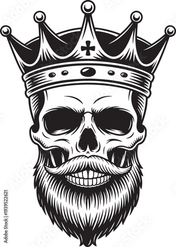 King Skull wearing a Crown with Full Beard and Moustache - Black and White