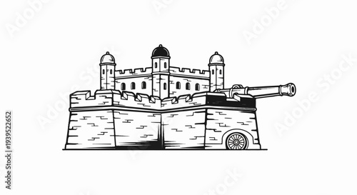 A stone fortress with ramparts, turrets, and a cannon