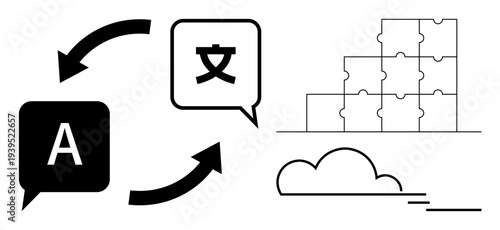 Language translation concept. Language translations communication between languages and puzzle piece collaboration. Language translation for global interaction, learning, and technology. Usage