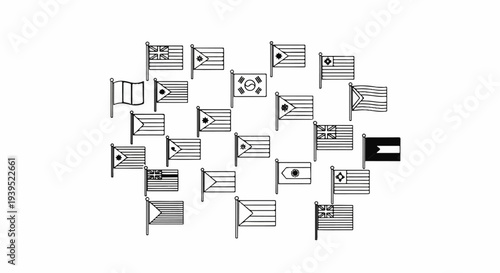Collection of diverse national flags depicted in a simple, outline illustration style